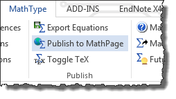 Publish to mathpage screenshot within the MathType tab in Word