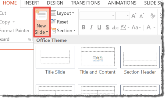 PowerPoint screenshot of selecting New Slide from the HOME tab