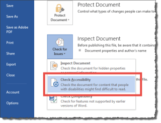 Under the info, select "Inspect Document" and select "Check Accessibility."