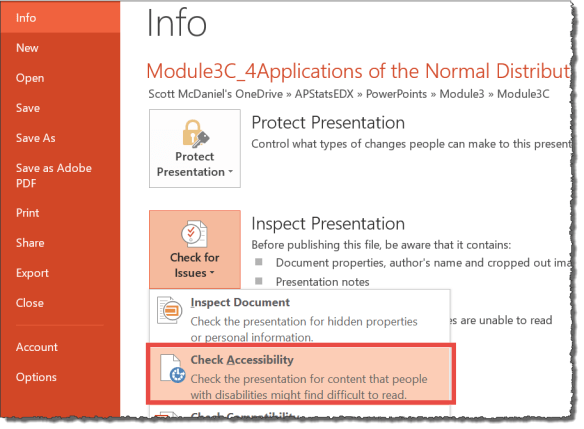 The accessibility Checker being selected from the info tab within PowerPoint