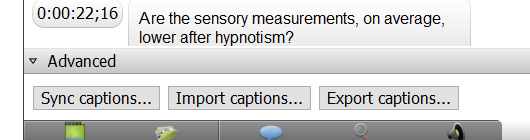 Captions box in Camtasia with "sync captions," "Import captions" and "export captions" options